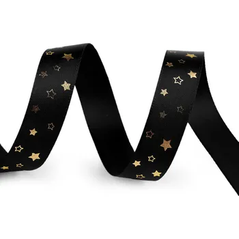 Stuha Vánoční saténová stuha hvězdy šíře 15 mm, střední, 6 černá zlatá