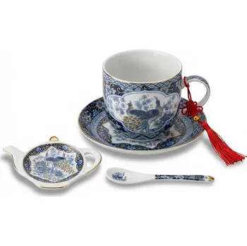 Čajová sada s hrnkem a lžičkou s motivem páva modro-bílá 4 ks