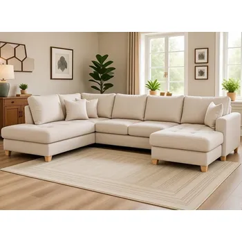 Sedací souprava Sedačka Split, krémová látka, tvar levé U, s rozkladem