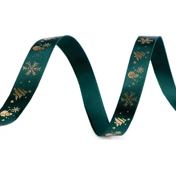Stuha Vánoční saténová stuha šíře 10 mm, velké, 2 zelená jedle zlatá