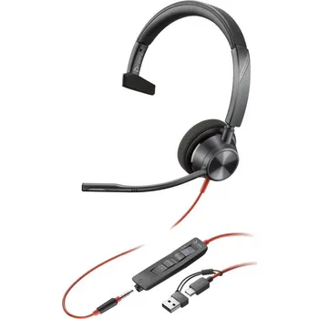 Sluchátka Poly Blackwire 3315 MS USB-C/A + 3,5 mm jack Headset, drátový, náhlavní, monoaurální, USB-C (s adaptérem na USB), 3,5mm jack, mikrofon, ovládání hlasitosti, černý 8X218AA