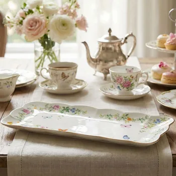 Nádobí Obdélníková etažérka s květy a motýly EASY LIFE 36 × 14,5 cm bílá