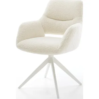 Jídelní židle DELIFE Jídelní židle Yago-Flex s područkami plyšový manšestr béžová křížová podnož široká bílá otočný 360° houpací funkce taštičkové pružiny