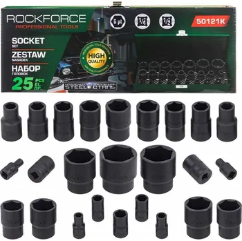 Gola sada Rock FORCE Sada rázových hlavic 1/2" a 1/4", 4–32 mm, 6hranné, 25 ks v kufru