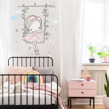 Samolepící dekorace Inspio Dětské samolepky na zeď - Víla na houpačce v pudrových šatech od INSPIO N.1. – Růžová víla 103 × 75 cm (1370)