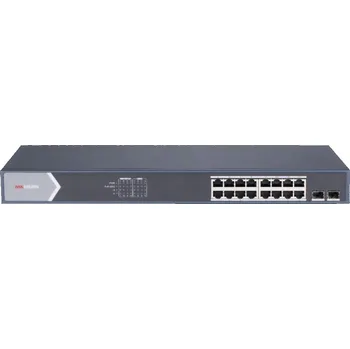 Switch Hikvision DS-3E1518P-SI Switch, gigabitový, 16× RJ-45 1Gb/s, 2× SFP 1Gb/s, 16× PoE+ 802.3af/at, PoE budget 225W, extend mód 10Mb/s do 300m, kov, AC 100–240V DS-3E1518P-SI