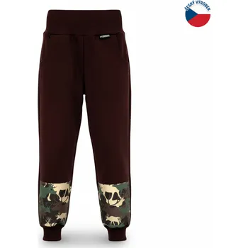 ZÁHOŘÍ Rudel ZÁHOŘÍ Dětské softshellové kalhoty - hnědé s jeleny Velikost: 152