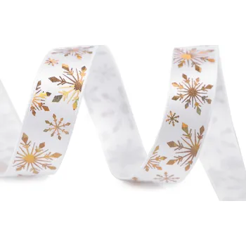 Stuha Vánoční saténová stuha vločky šíře 16 mm, malé, 2 bílá zlatá