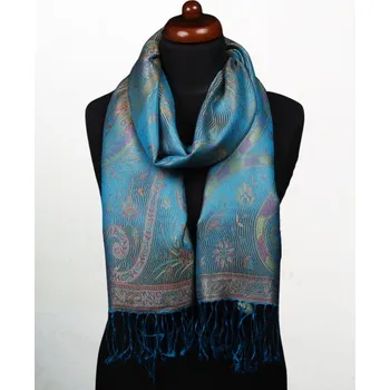 Šála Hedvábná šála Super střední Tenzin tmavě tyrkysová se žlutou a růžovou