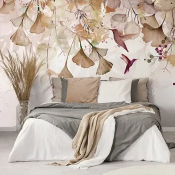 Tapeta Dovido Tapeta listy s kolibříky v hnědo-růžovém