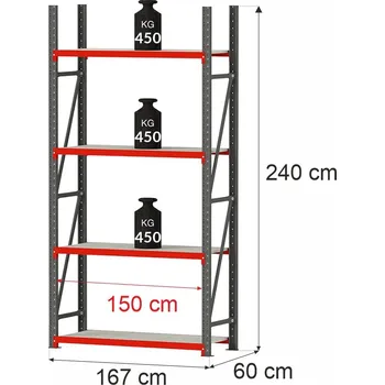 Dílenský regál Regalydoskladu Kovový skladový regál se 4 policemi FORTIS 240x167x60 cm, základní modul