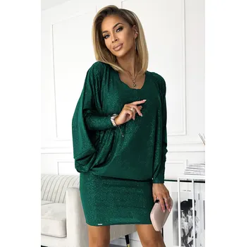 Dámské oblečení Numoco Netopýří šaty s výstřihem - zelená se třpytkami 402-2 - výprodej Barva: Zelená, Velikost: L/XL