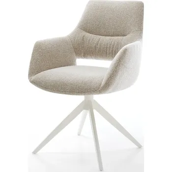 Jídelní židle DELIFE Jídelní židle Yago-Flex s područkami látka Měkký béžová křížová podnož široká bílá 360° otočný houpací funkce taštičkové pružiny