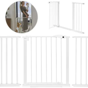 Dětská zábrana ecotoys Bezpečnostní brána 74-132 cm pro schody a dveře, ocelová s přídavnými panely, bílá ECOTOYS