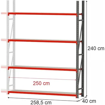Dílenský regál Regalydoskladu Kovový skladový regál se 4 policemi FORTIS 240x258,5x40 cm, přídavný modul