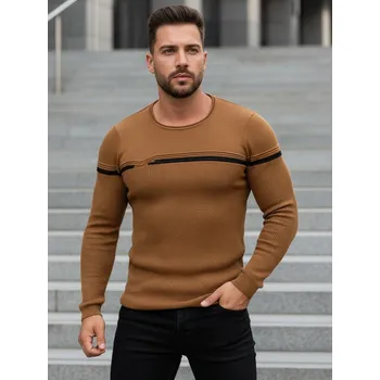 Pánská móda Hnědý pánský svetr s černým pruhem (WX1625) Velikost: XL