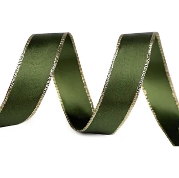 Stuha Atlasová stuha s lurexovým okrajem a drátem šíře 24 mm, střední, 322 zelená zlatá