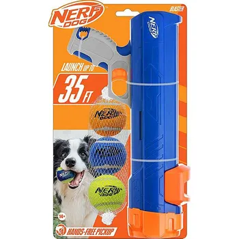 Hračka pro psa Nerf Dog Blaster 30 cm bez klipu na míček + 3 ks pískacích tenisových míčků 5 cm