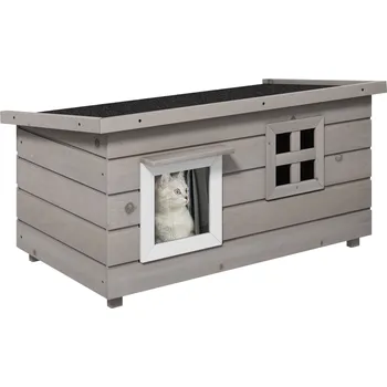 PawHut Kočičí domek PawHut, kočičí bouda s asfaltovou střechou, kočičí jeskyně, domek pro malá zvířata s oknem pro kočky a psy, venkovní, zimní, jedlové dřevo, šedá a černá, 87 x 52 x 44 cm