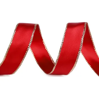 Stuha Atlasová stuha s lurexovým okrajem a drátem šíře 24 mm, střední, 643 červená zlatá