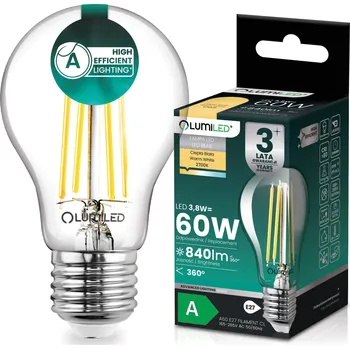 Žárovka LED žárovka LED E27 A60 3,8W 840lm = 60W 2700K 360° Teplá Filament KLASA A LUMILED