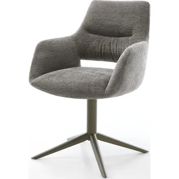 Jídelní židle DELIFE Jídelní židle Yago-Flex s područkami bouclé měkký tmavě béžová křížová podnož titanová barva 360° otočný houpací funkce taštičkové pružiny