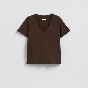 Dámské tričko Reserved - Tričko střihu regular s výstřihem do V - tmavě hnědá - 399FS-89X - 399FS-89X-XS