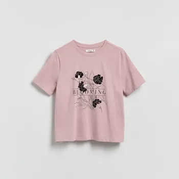 Dámské tričko Reserved - Bavlněné tričko s potiskem - pastelově růžová - 183HT-03X - 183HT-03X-XS