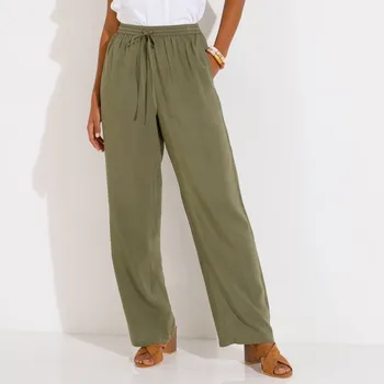 Jednobarevné 7/8 kalhoty s pružným 		pasem khaki 48