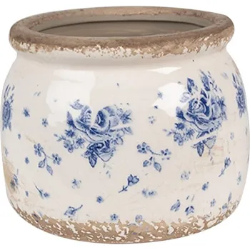 Obal na květináč Béžový keramický obal na květináč s modrými růžičkami Schylar – 12x10 cm