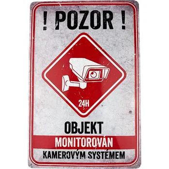 Plechová cedule RETRO Plechová cedule ! POZOR ! Objekt monitorován kamerovým systémem - červená 29 x 19 cm