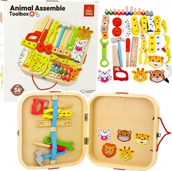 Dřevěná hračka DŘEVĚNÁ SADA PRO KUTILY KUFŘÍK S 5 ZVÍŘÁTKY K SEŠROUBOVÁNÍ, 59 dílů