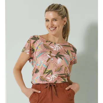 Dámské tričko Tričko s potiskem a knoflíky na ramenou korálová/khaki 38/40