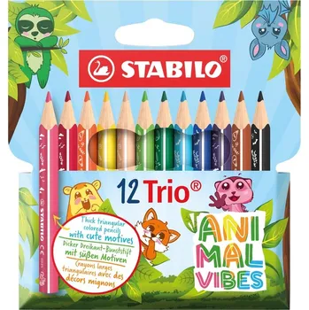 Pastelka Trojhranné pastelky STABILO Trio silná krátká Animal Vibes 12ks - s motivy zvířat