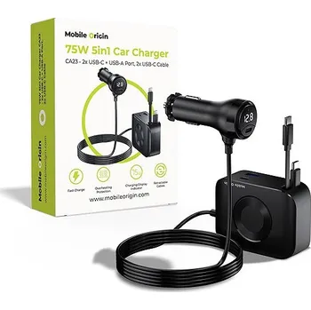 Mobile Origin 75W 5in1 Car Charger CA23 - 2x USB-C + USB-A Port, 2x USB-C Cable