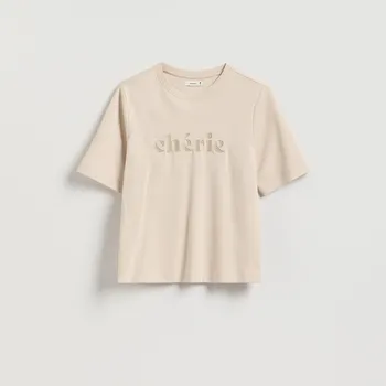 Reserved - Tričko střihu regular s výšivkou - béžová - 150HT-08X - 150HT-08X-L