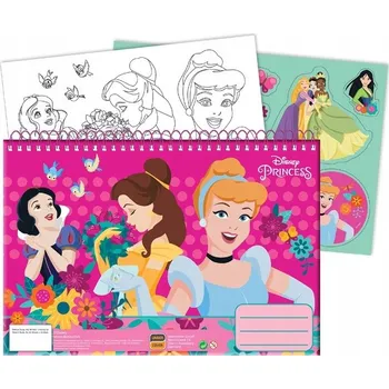 Sešit Popelka Sněhurka Kráska sešit omalovánky na spirále samolepky A4 40 listů