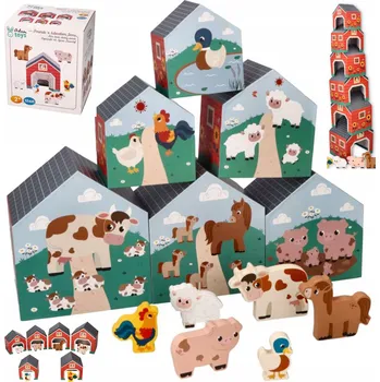 Dřevěná hračka UKŁADANKA DREWNIANA Z KUBECZKÓW PIRAMIDKA Z DOMEČKŮ FARMA SKLÁDAČKA