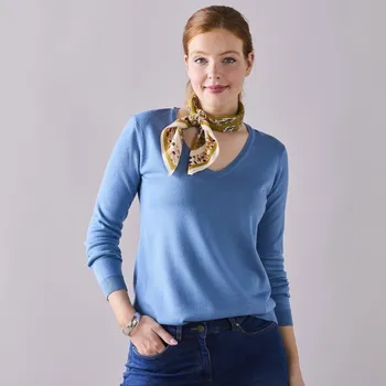 Dámský svetr Pulovr s výstřihem do V modrošedá 38/40