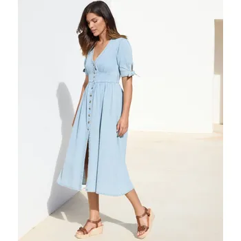 Dámské šaty Dlouhé rozšířené šaty s rukávy k loktům, denimové sepraná modrá 38