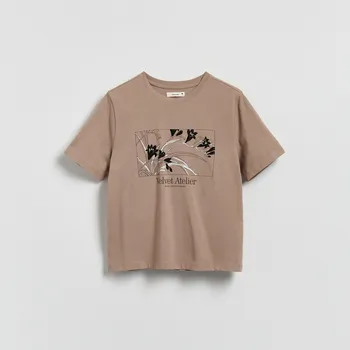 Dámské tričko Reserved - Bavlněné tričko s potiskem - kávová - 183HT-84X - 183HT-84X-XS