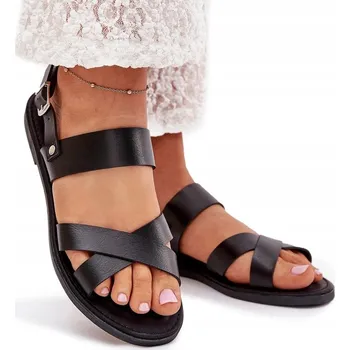 Dámské sandále DÁMSKÉ SANDÁLY PLOCHÉ Z EKO KŮŽE KLASICKÉ PRO KAŽDODENNÍ NOŠENÍ ČERNÉ 40