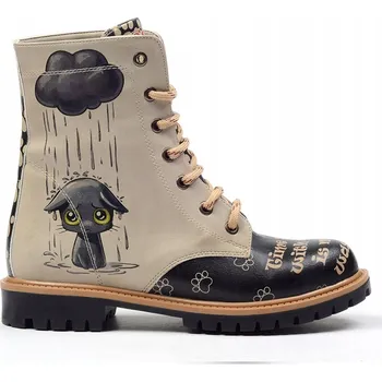 Dámská obuv Dámské béžové šněrovací kotníkové boty Goby s černou kočkou a nápisy 42