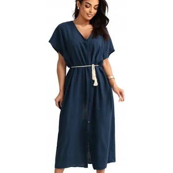 Dámské šaty Šaty volné midi bavlněné rozepínací přehoz plážové tmavě modré L