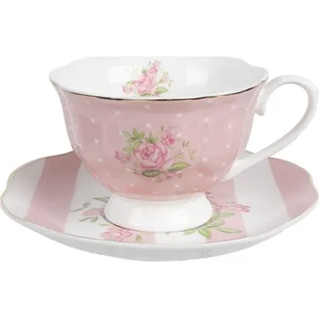 Bílo-růžový šálek a podšálkem s růžičkami Sweet Roses - 12*9*6 cm / Ø 14*2 cm / 200 ml