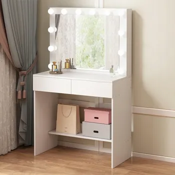 Toaletní stolek Kosmetický stolek s LED zrcadlem – moderní toaletní stolek pro líčení a vizážistiku ve stylu loft glamour
