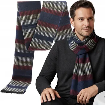 Šála PÁNSKÁ ŠÁLA Zimní Teplá TMAVĚ MODRÁ - BORDOVÁ - ŠEDÁ Pako Jeans