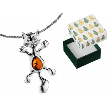 Náhrdelník Stříbrný Náhrdelník s Kočkou a Jantarem, Stříbrná Kočka Kotě Jantar 30 cm