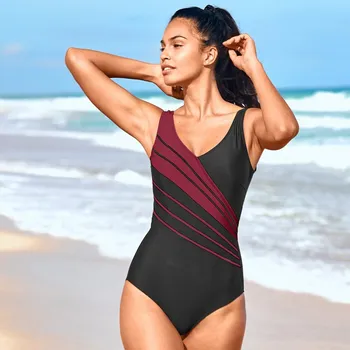 Dámské plavky Jednodílné plavky s pruhy černá/červená 44