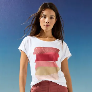 Dámské tričko Rovné tričko s kulatým výstřihem, potisk art pruhy terakota 52